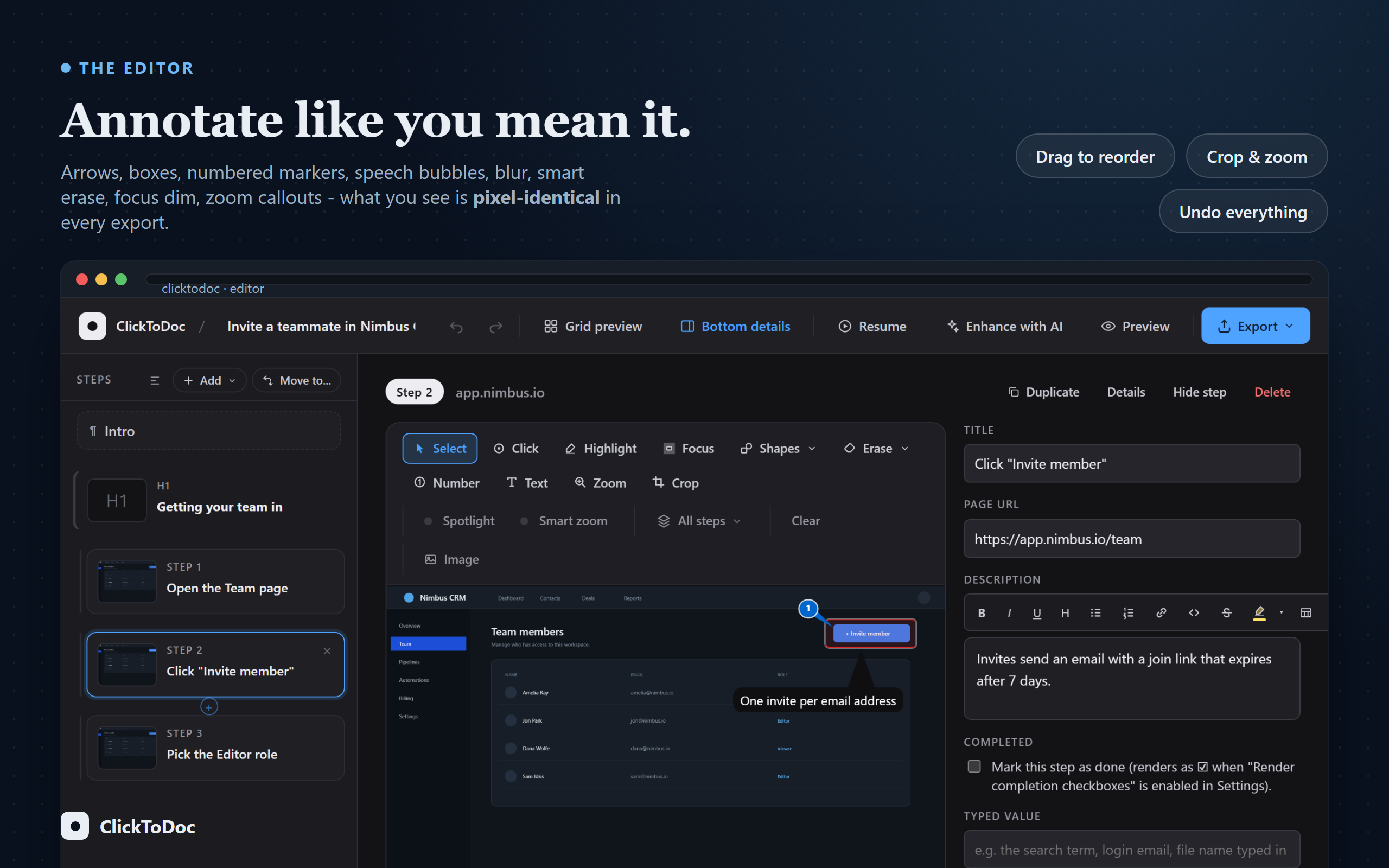 The ClickToDoc editor annotating a step