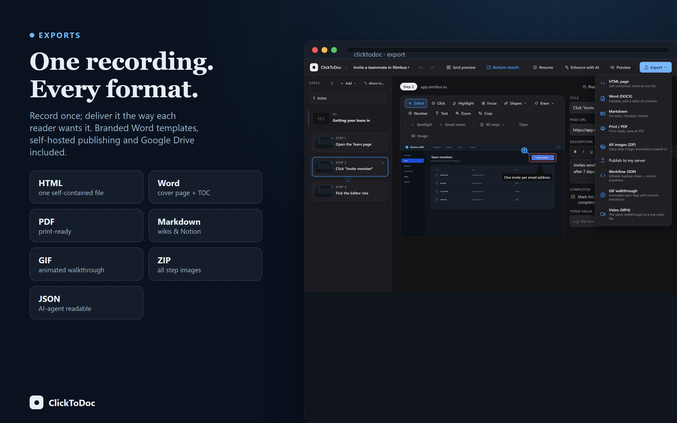 Seven export formats from one recording