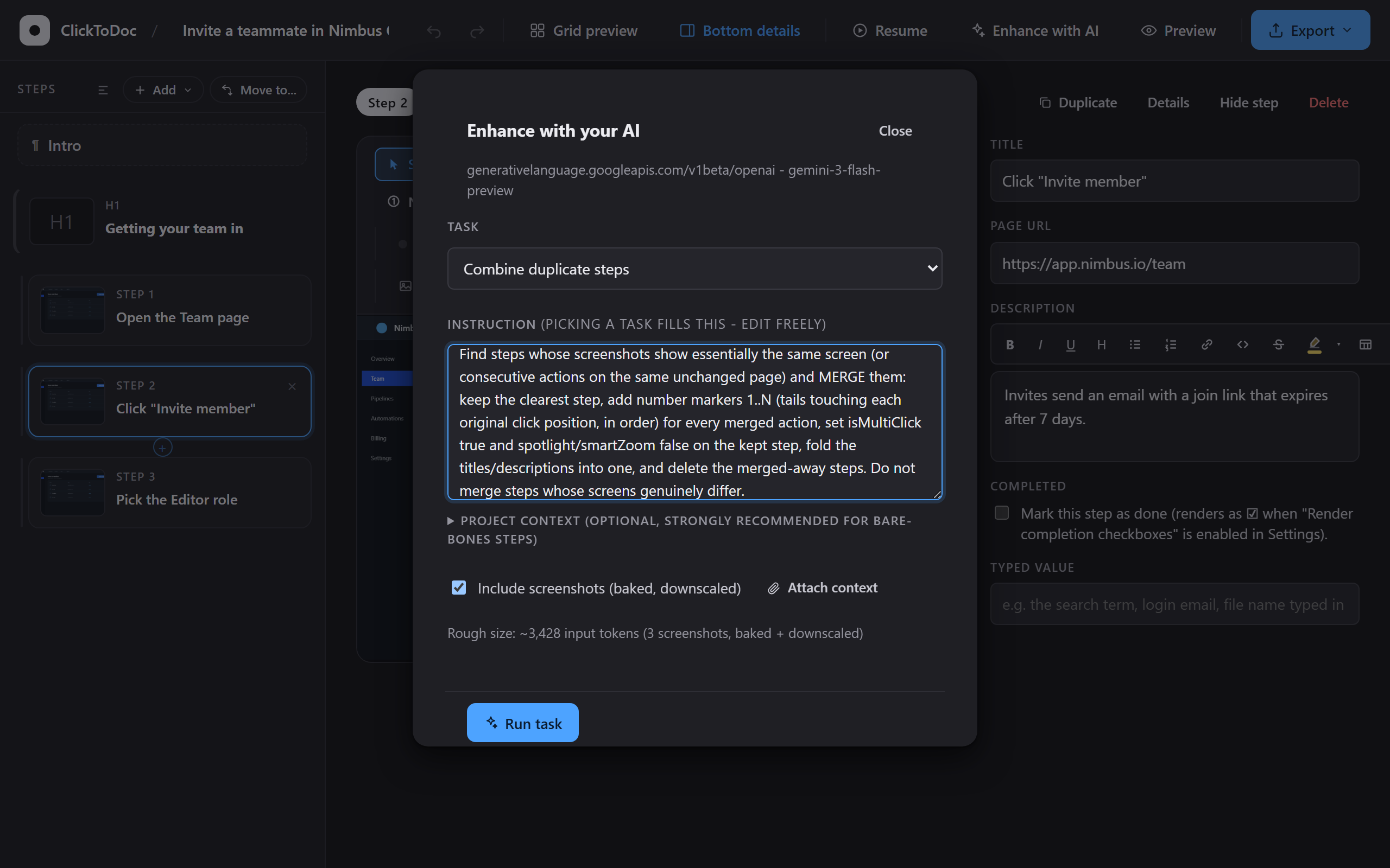 The Enhance with AI dialog in ClickToDoc, connected to Gemini, with the Combine duplicate steps task selected.