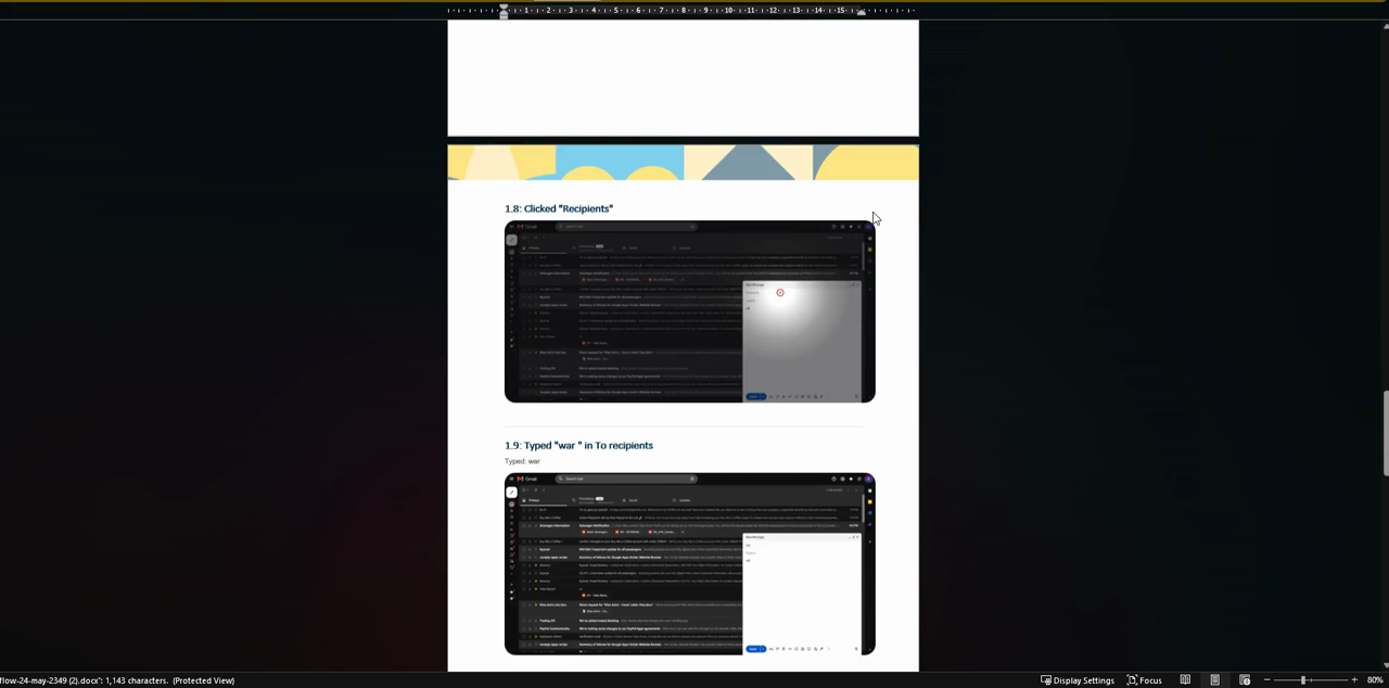 A finished ClickToDoc guide opened as a Word DOCX, showing numbered steps with titles and annotated screenshots under a branded header banner.
