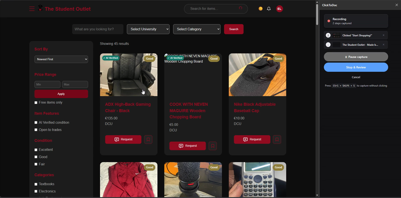 ClickToDoc recording in a side panel while a user browses, showing captured steps building up live.